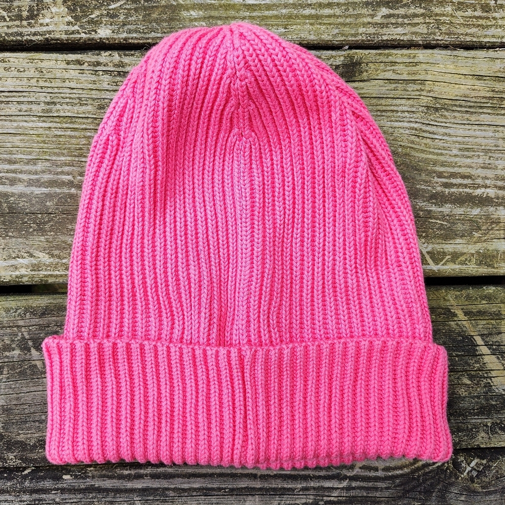 COS Coral Pink Beanie Hat Women's XS-S Ribbed Chunky Knit 100% Cotton Fold Over
